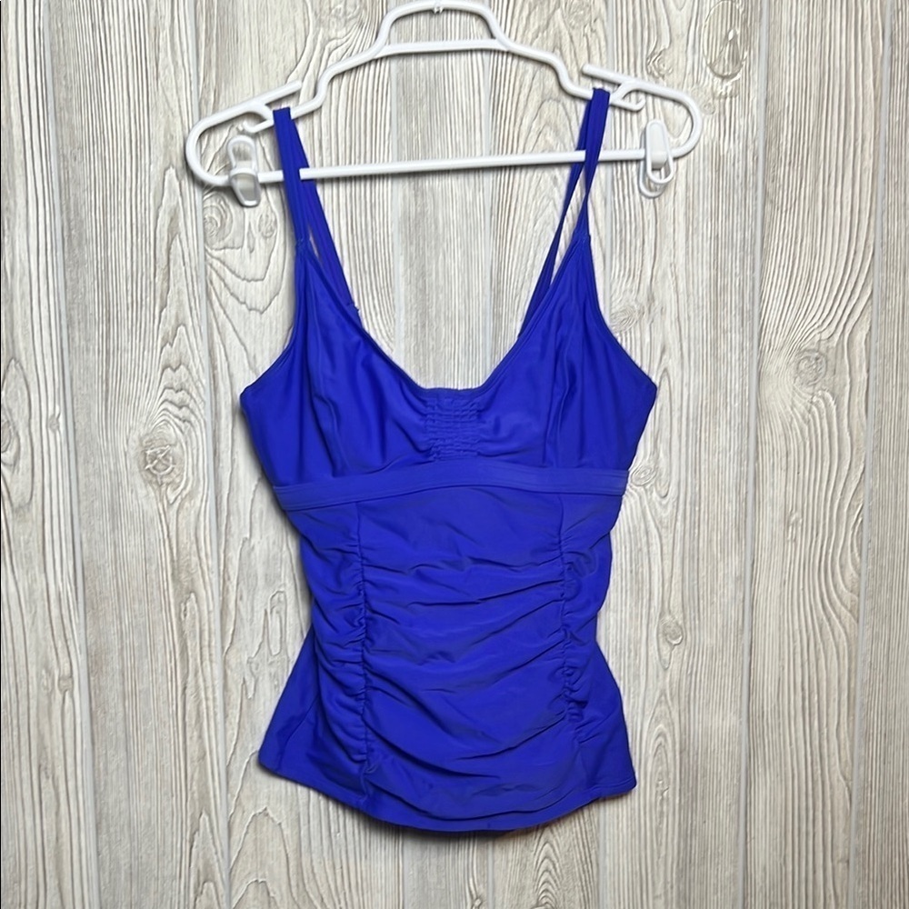 Athleta Womens Tankini Top Swimsuit Blue Stretch Scoop Neck Smocked 34D/DD
